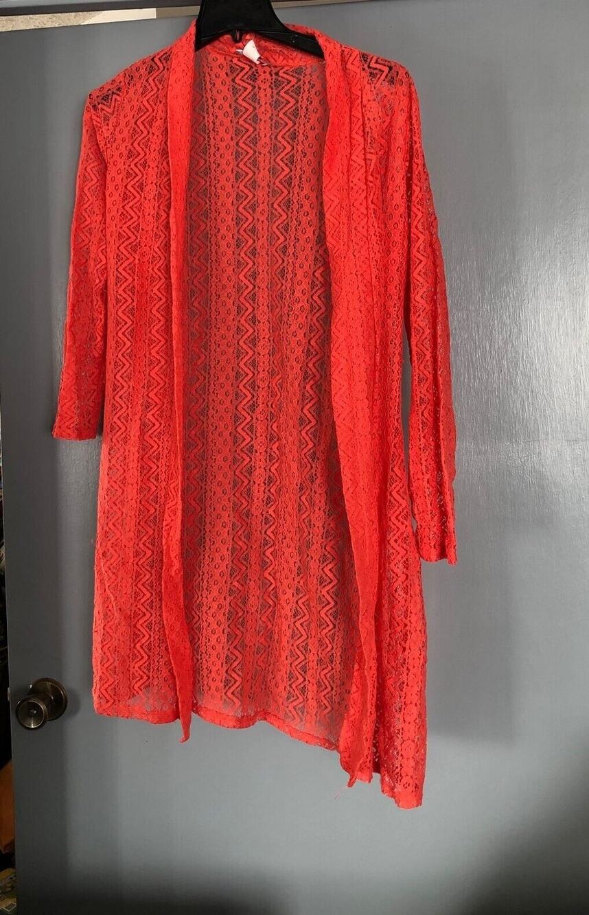 Pretty Young Thing open duster / cardigan long length orange lace size Large